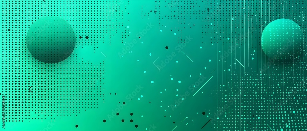 Poster abstract digital artwork featuring teal and green gradient background with dotted patterns and spher