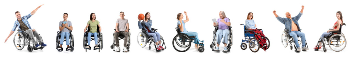 Set of many people in wheelchairs on white background