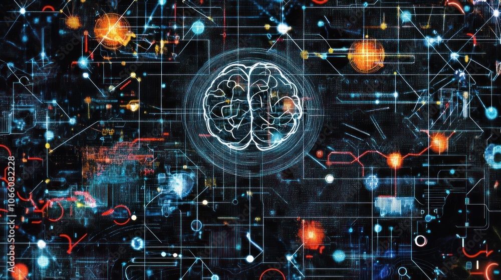 Poster abstract digital brain network with glowing lines and circles