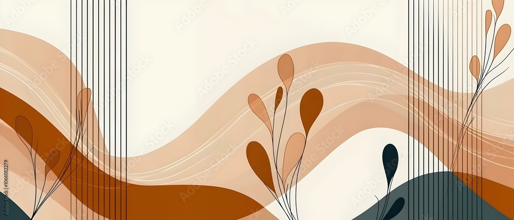 Aufkleber abstract design featuring flowing lines and botanical elements in warm earth tones, creating a calmi
