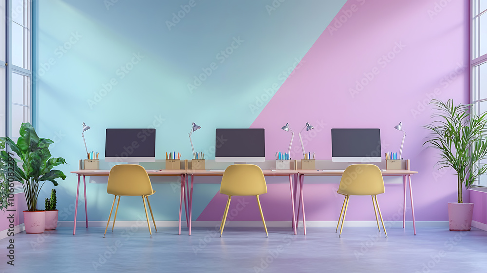 Poster modern office workplace interior with row of desks and computers 3d illustrations