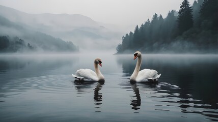 A swan in the lake with foggy atmosphere and forest background 