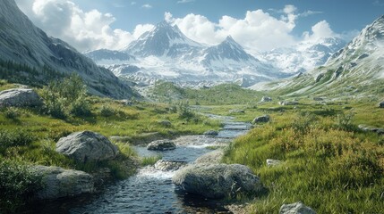 A winding mountain stream flowing through a verdant valley with snow-capped peaks in the background