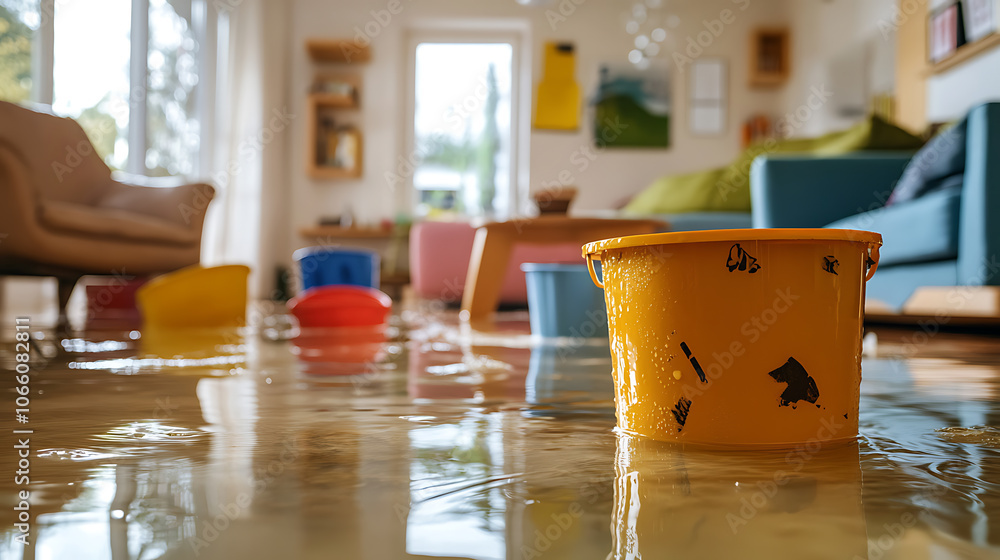 Poster chaotic scene of water damage in a living room ceiling leak burst pipe strategically placed buckets 