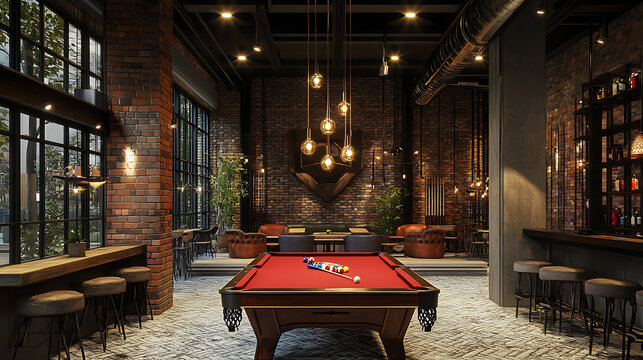 a pool or billiards table in a pool hall or bar with interesting lighting