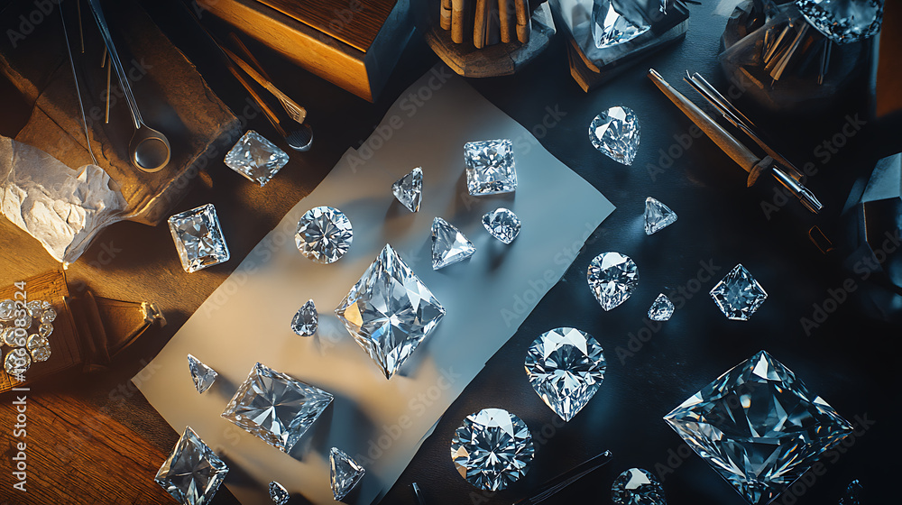 Poster workplace of a jeweler featuring sketches and a top view of diamonds against a dark backdrop