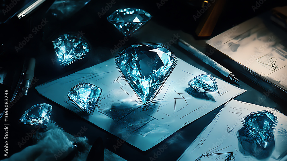 Aufkleber workplace of a jeweler featuring sketches and a top view of diamonds against a dark backdrop