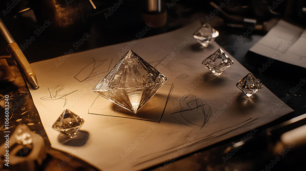 Poster workplace of a jeweler featuring sketches and a top view of diamonds against a dark backdrop