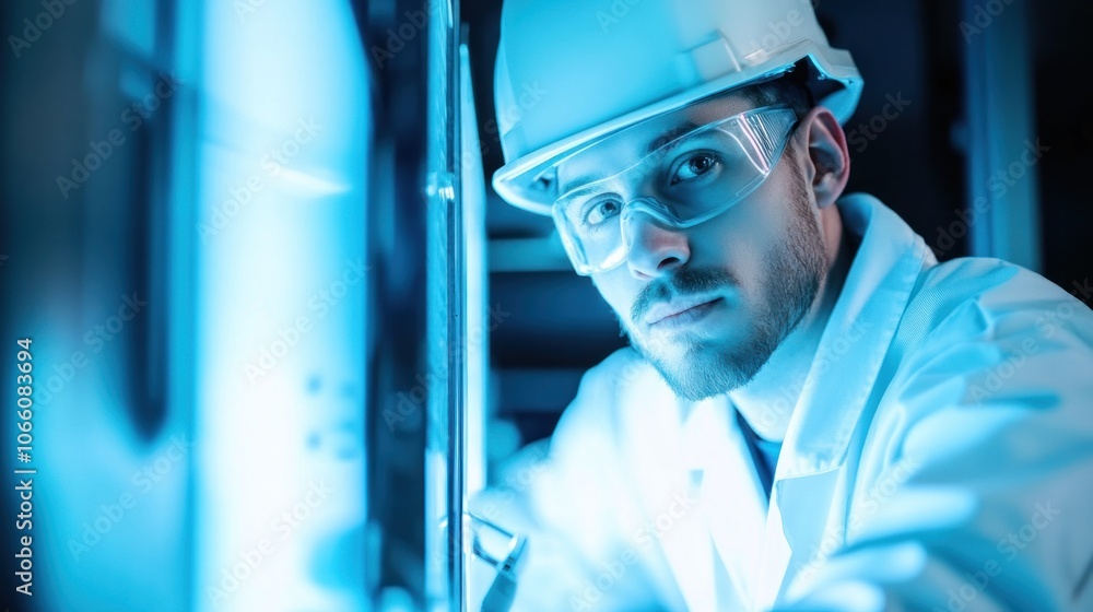 Poster Close-up of a Scientist's Face in a Laboratory Setting