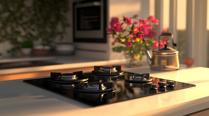 Using natural gas or propane to cook food, this contemporary gas hob stove with tempered black glass is set on a light countertop in the interior kitchen, accompanied by flowers and an oven tea pot