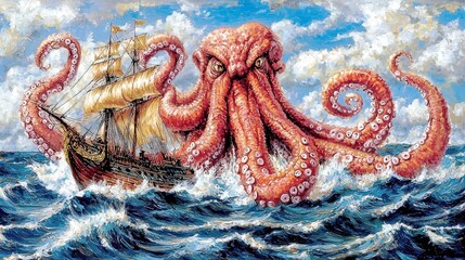 Dramatic Scene of an Octopus Attacking a Ship