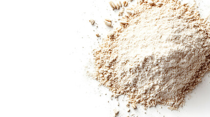 Top view of an integral rye flour pile isolated on a white background, Top view of rye flour isolated on a white background,   a heap of whole spelt wheat flour isolated on a white background
