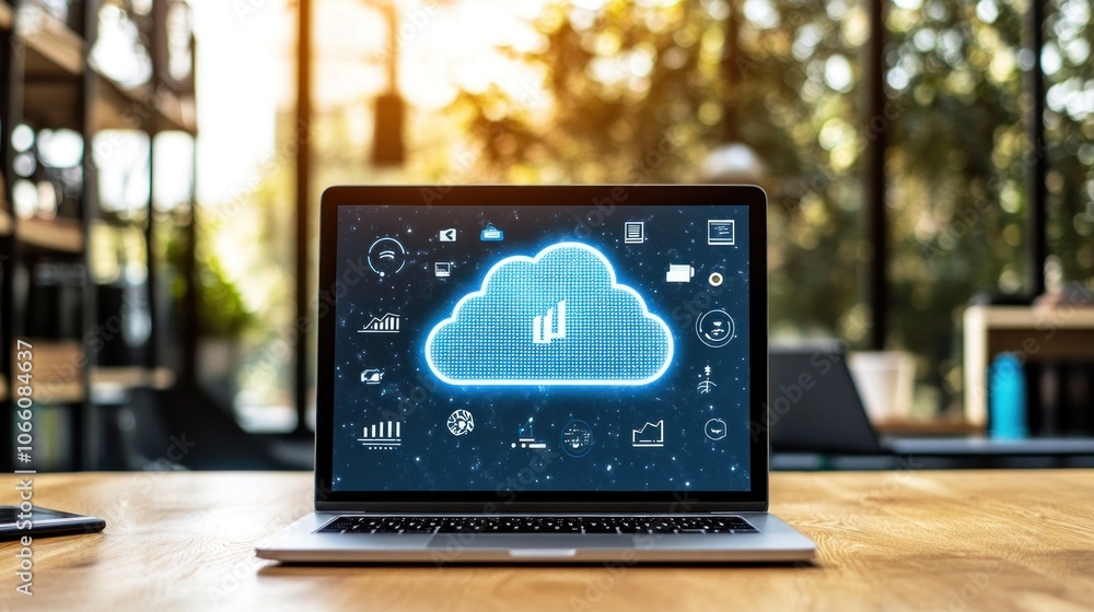 Poster Laptop Displaying a Cloud Computing Concept with Icons