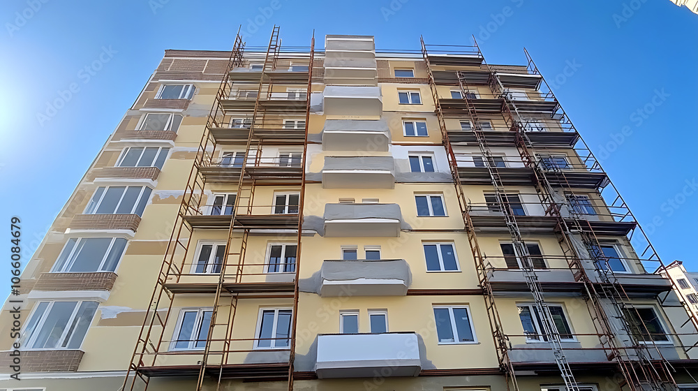Poster Thermal insulation of a multi-story apartment building using scaffolding and thick slabs of rock mineral wool against a background of the blue sky