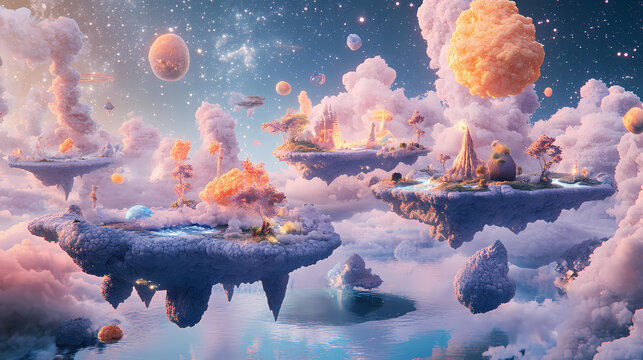 A captivating dreamscape crafted from colorful clay, featuring floating islands, sparkling stars, and whimsical creatures exploring a surreal atmosphere, generative ai. Dreamscape. Illustration