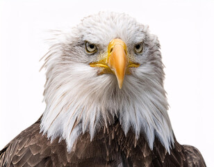 Obraz premium A close-up portrait of a majestic bald eagle with intense eyes and a powerful beak against a white background