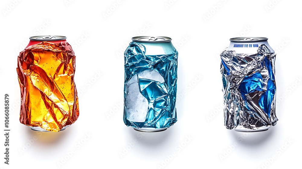 Poster set of crushed energy drink soda cans in different shapes, with a single, isolated cutout object