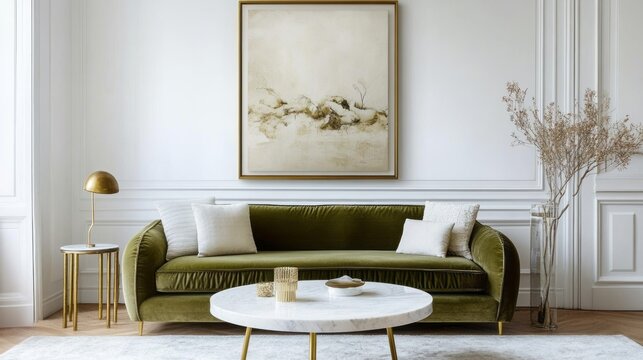 Green Velvet Sofa with Gold Accents and a Marble Coffee Table in a Minimalist Living Room