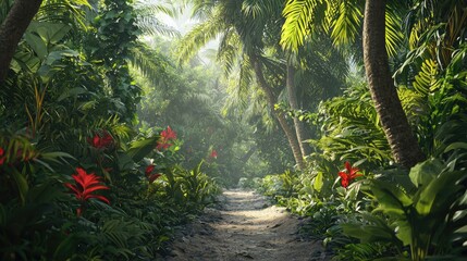 A Sunlit Path Through a Lush Tropical Jungle