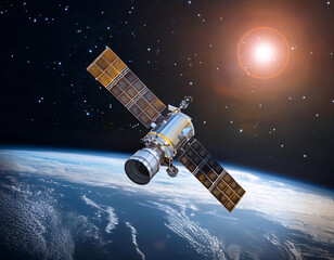 A large satellite with solar panels orbits Earth, with a view of the planet's surface in the background