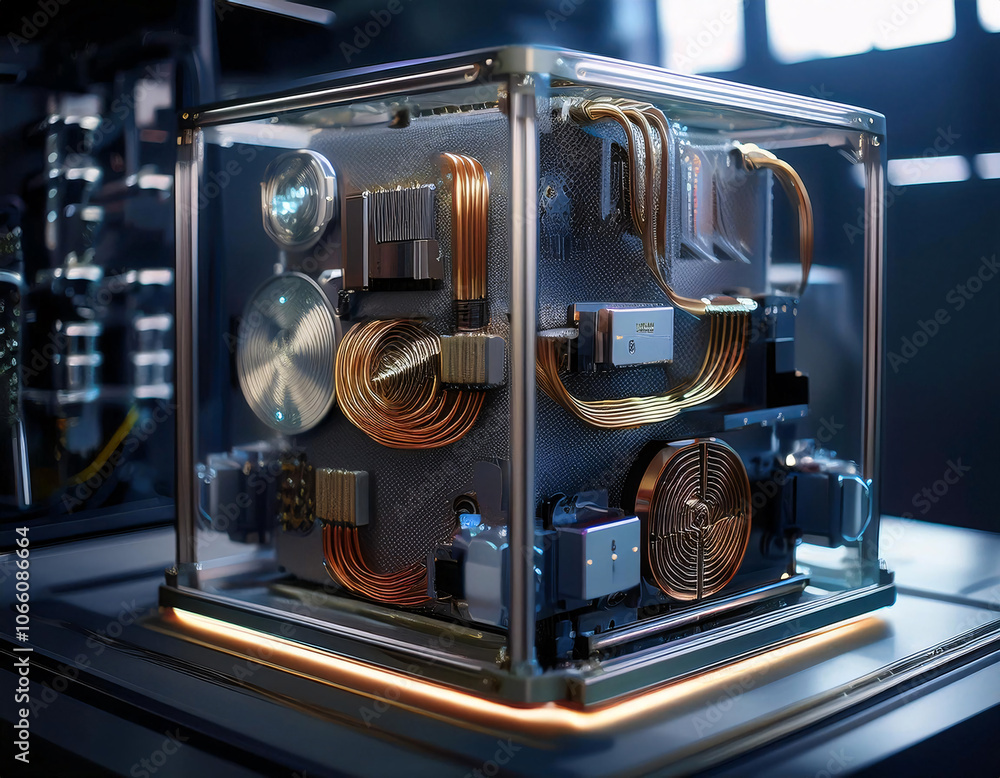 Poster a futuristic cube-shaped machine with intricate wiring and glowing components