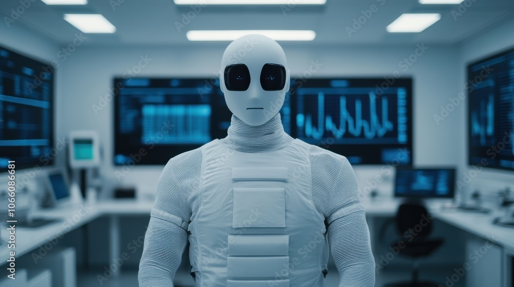 Poster minimalistic humanoid ai in a modern lab setting