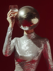 A woman with a disco ball for a head, wearing a silver dress and holding a martini glass, against a unique burgundy background, in surreal photography.