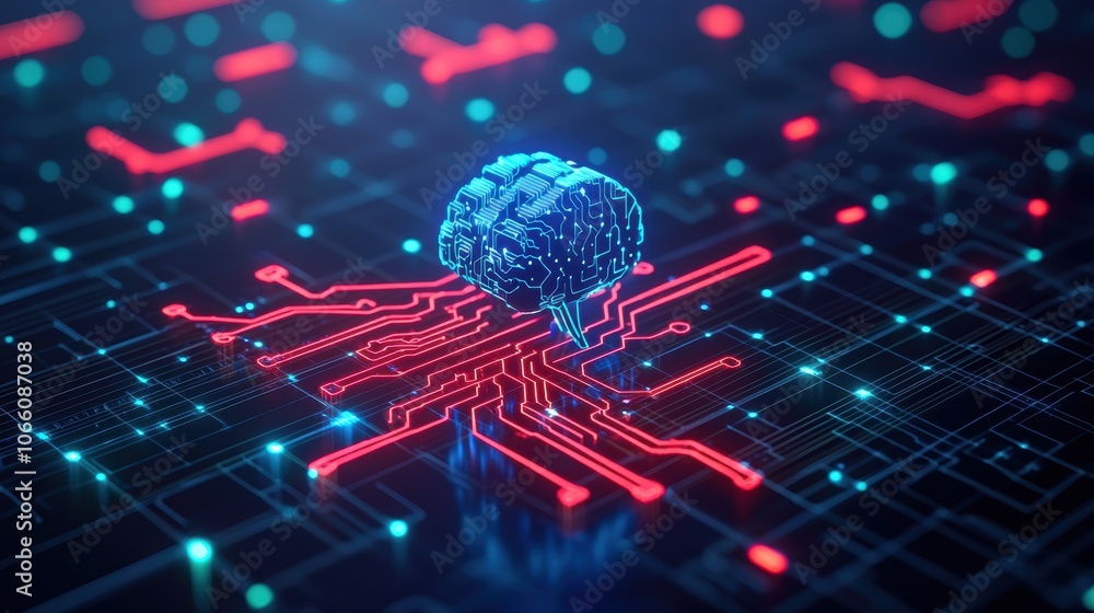 Poster a digital representation of a brain connected to a circuit board, artificial intelligence and techno