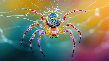 Colorful spider at the center of a web, beautiful background, blurred background, macro photography, photorealistic landscapes