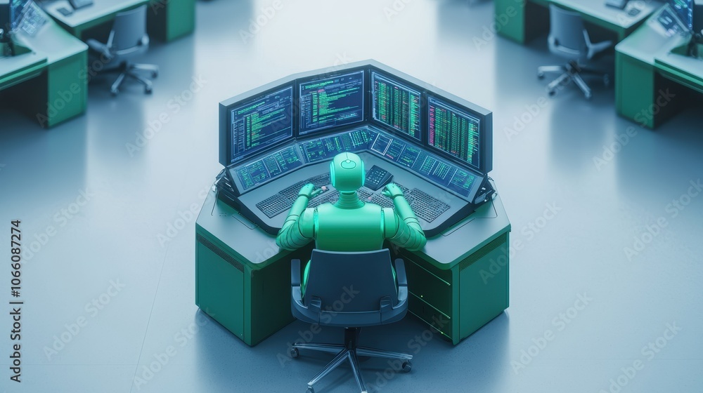 Aufkleber a focused figure operates multiple screens in a high-tech workspace