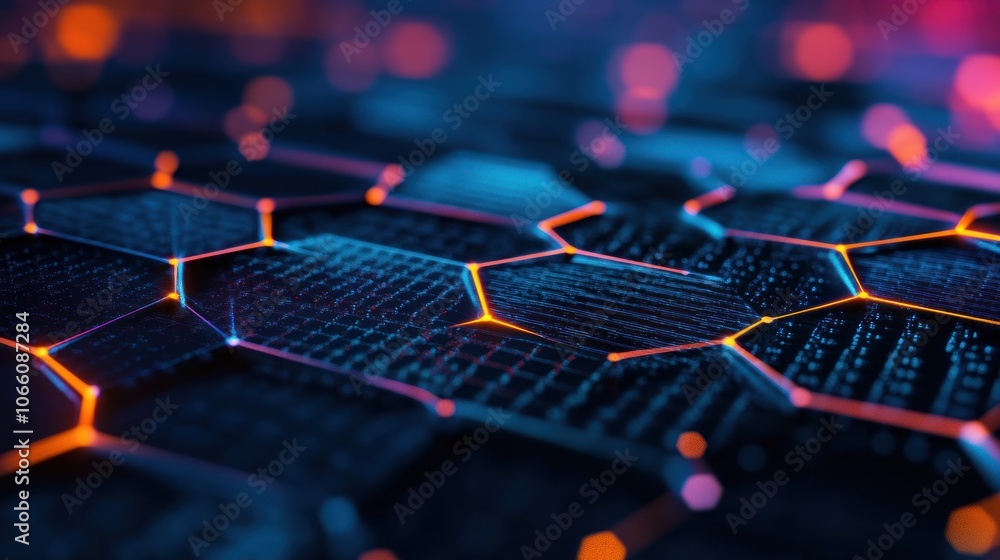 Poster Abstract Hexagon Pattern with Glowing Orange Lines and Blue Background