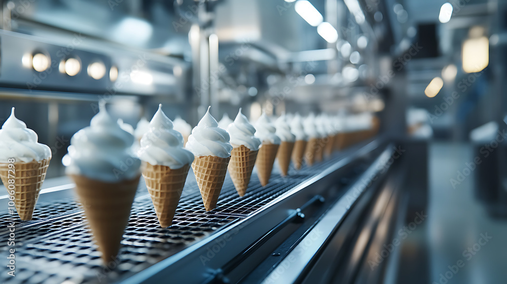 Poster modern cake cone production conveyor line featuring cream filler equipment controlled by a computer 