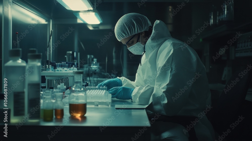 Poster scientist in protective gear working with test tubes in a laboratory