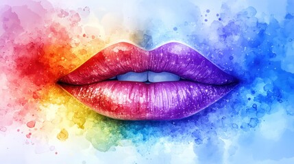 Close-up of colorful, sparkly lips with a rainbow watercolor background.