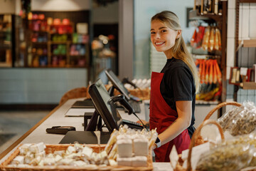 A cheerful cashier smiles in a vibrant grocery store filled with fresh products and happy customers
