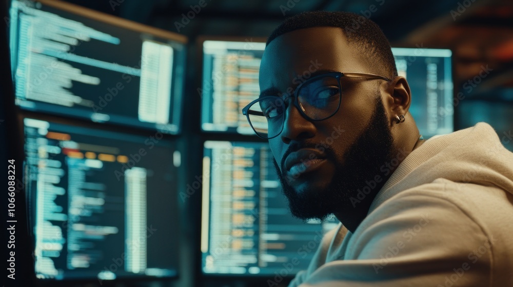Poster close-up of a black man in glasses looking at computer screens