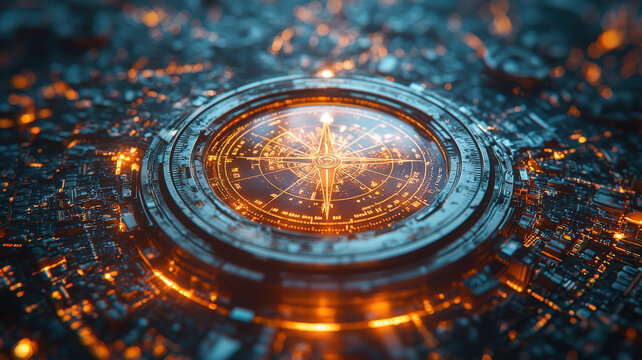 3D compass interface with glowing elements for navigation and mapping