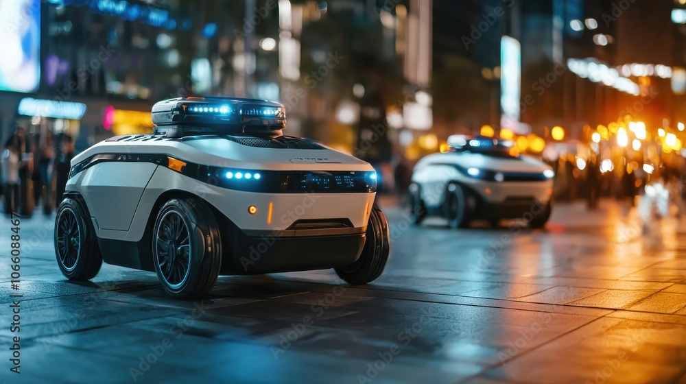 Poster futuristic autonomous security robots patrolling streets