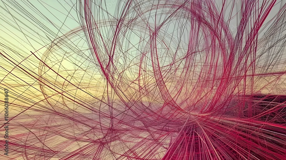 Poster an abstract digital artwork featuring intricate red lines weaving through a soft gradient background