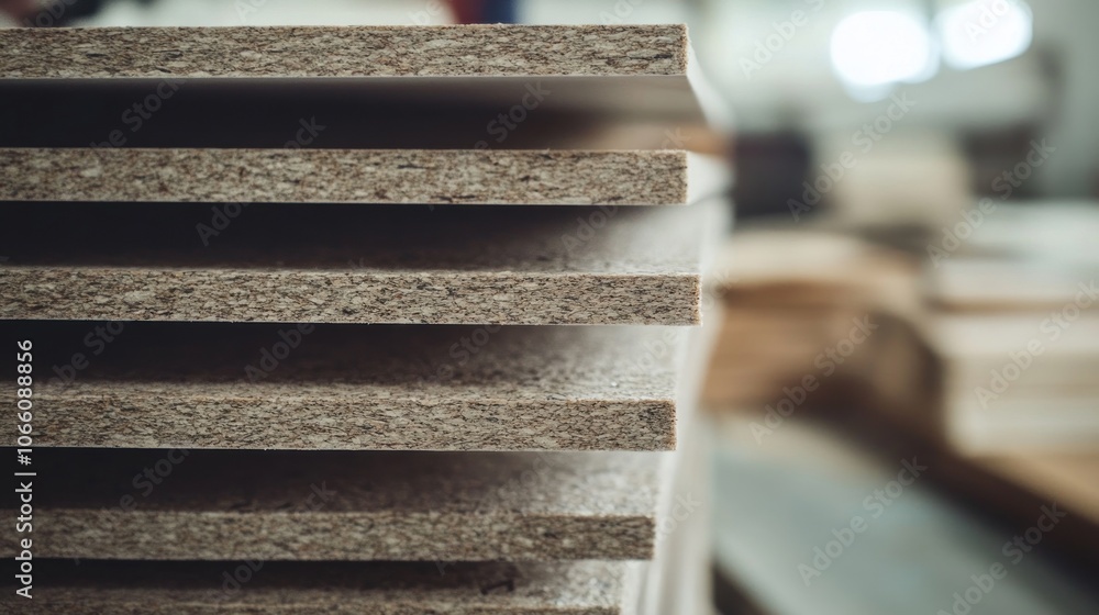Aufkleber Stack of Particleboard Sheets in a Workshop
