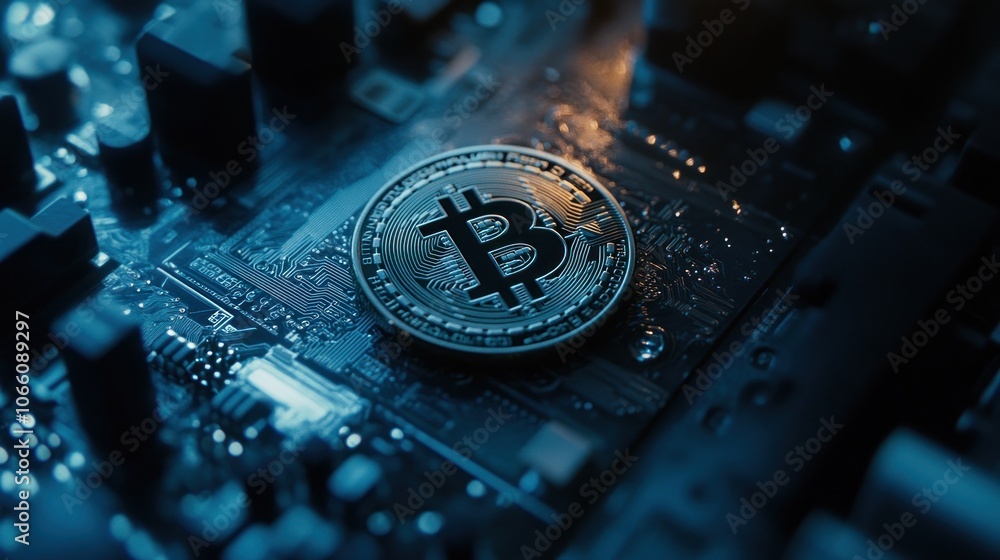 Poster a bitcoin cryptocurrency coin on a circuit board