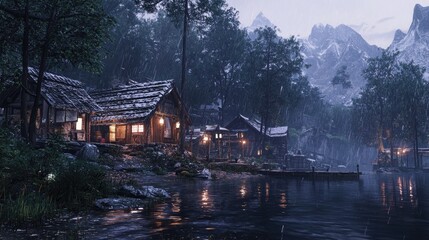 Obraz premium Rainy Night in a Mountain Village with Illuminated Cabins