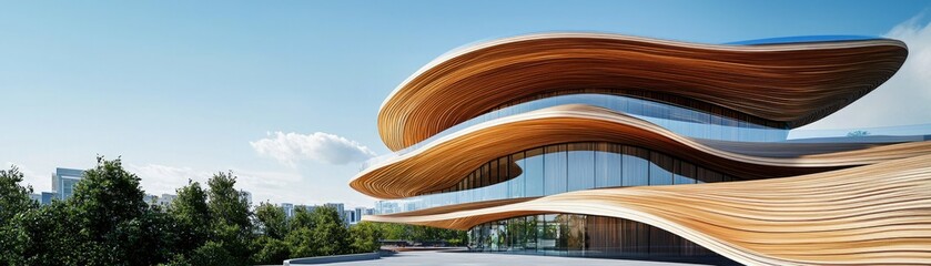 Fototapeta premium A modern architectural masterpiece showcasing flowing wooden structures against a clear blue sky, surrounded by lush greenery.