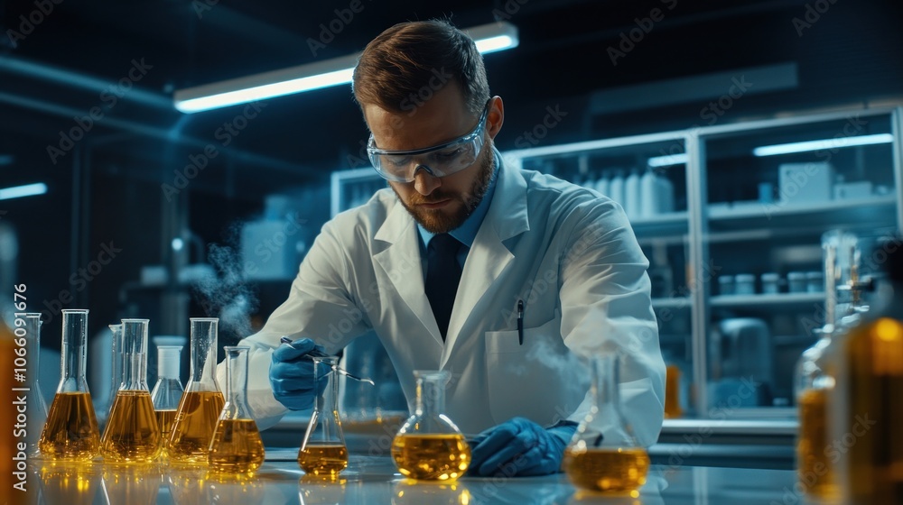 Poster scientist working with yellow liquid in a laboratory