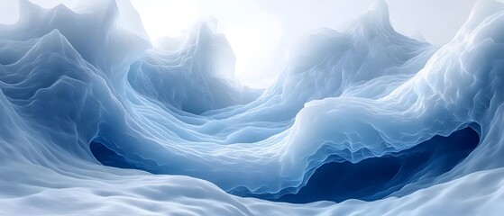 Obraz premium An ethereal landscape of glacial formations, showcasing flowing icy curves and deep blue crevices, creating a serene and captivating winter scene.