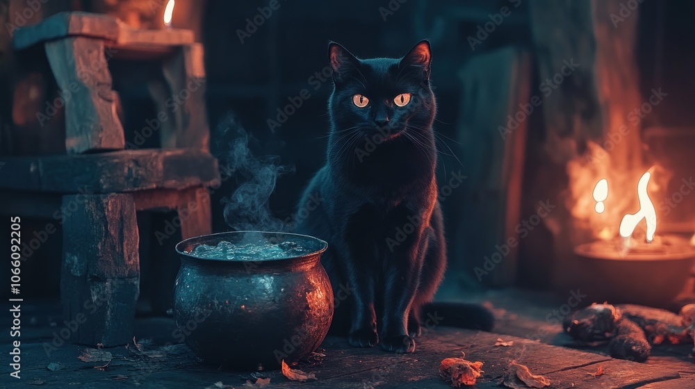 Poster black cat sitting beside a steaming cauldron in a dark and mysterious setting