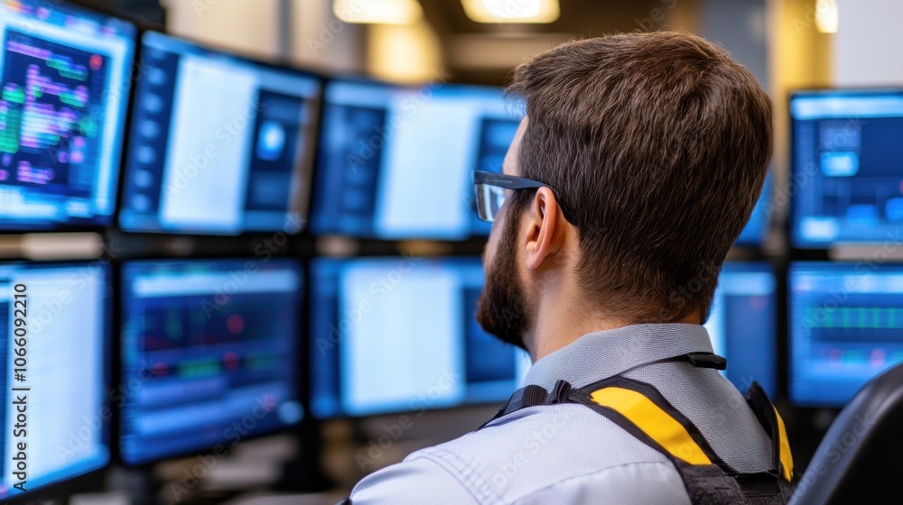 Poster cybersecurity manager at control room analyzing data