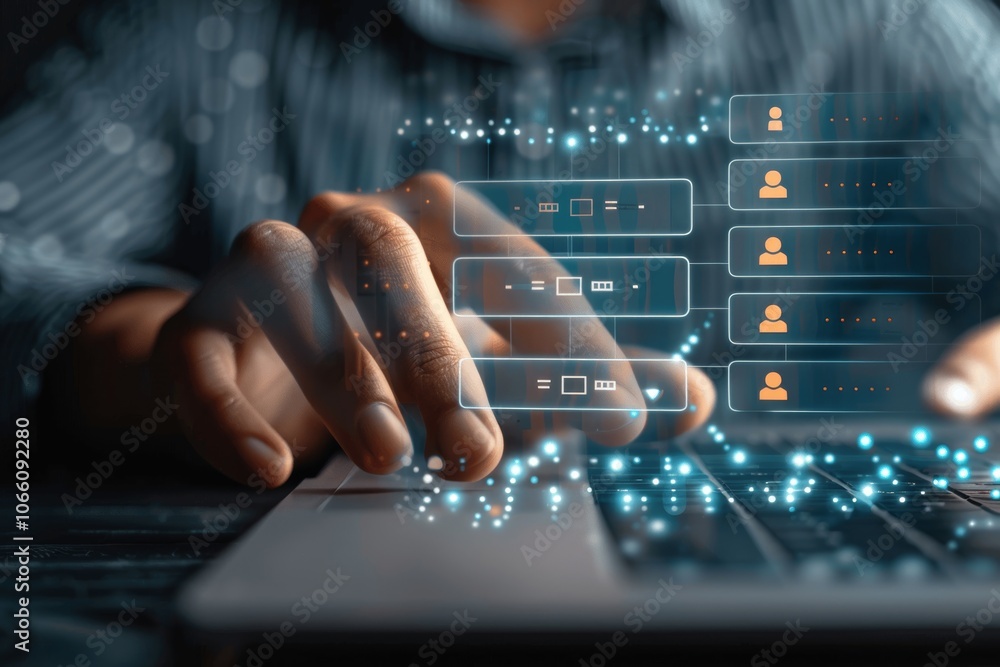 Poster businessman using laptop to access digital id system with virtual screen for cybersecurity and data 