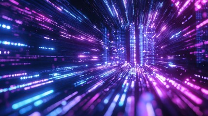 Obraz premium Swirling waves of vibrant purple and blue light dance across a dark backdrop, creating a mesmerizing, dreamlike atmosphere that captures the essence of a digital universe.