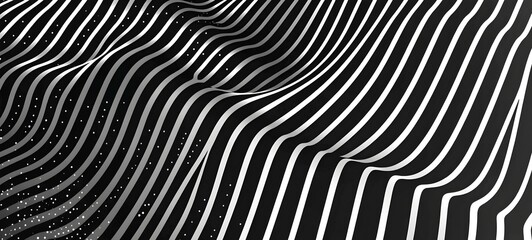 Abstract black and white wavy lines create a smooth, flowing pattern, evoking a sense of motion and depth with subtle gradients and textures.